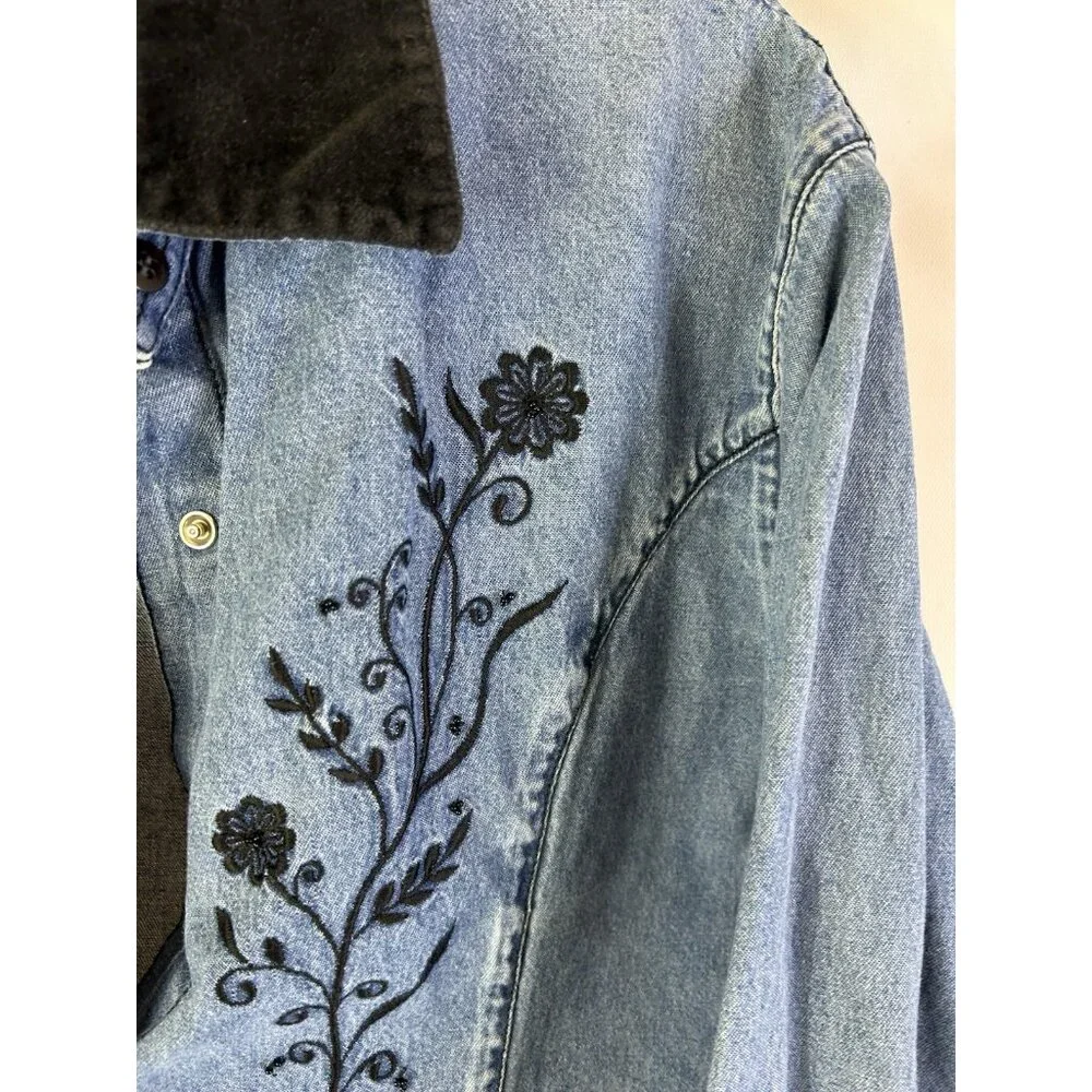 Vintage 90s Floral Embroidered Pearl Snap Denim Shirt Western - Picture 3 of 7